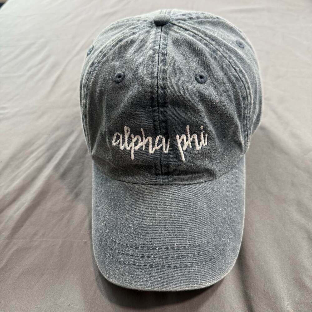 Adams Alpha Phi Sorority Script Embroidered Distressed Hat Cap